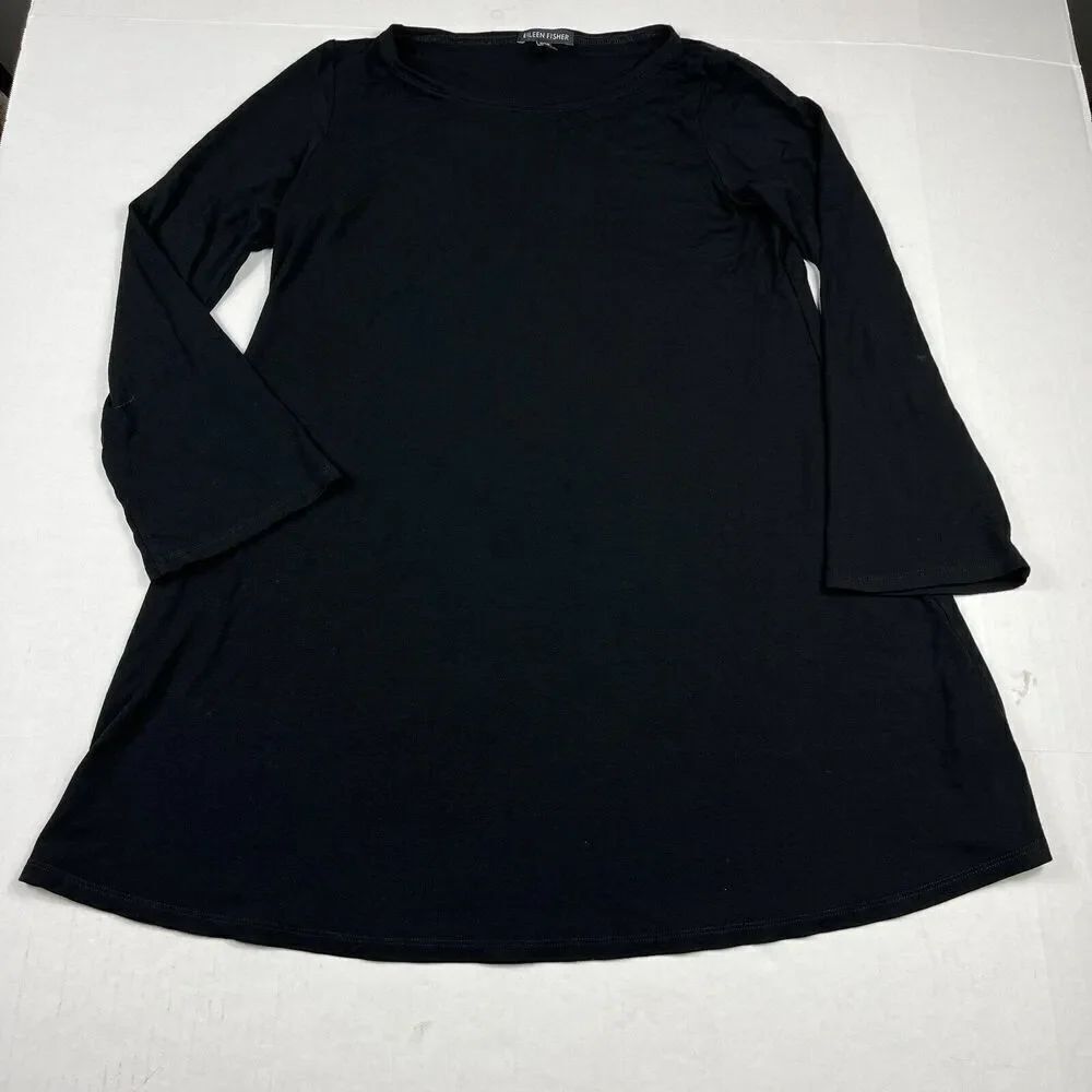 Eileen Fisher Stretch Knit Swing Top Black Basic 3/4 Sleeve Stretch Shirt XS